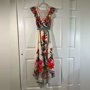 floral Flying Tomato faux wrap dress, elastic waist with matching belt, size L